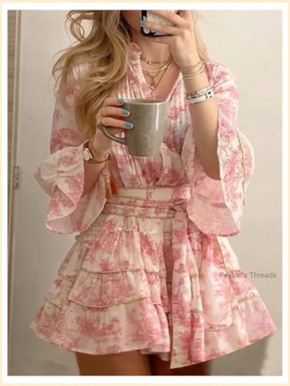 Women's Floral Ruffle Mini Dress V Neck 3/4 Sleeve Flowy Boho Vacation Dresses - Picture 4 of 5